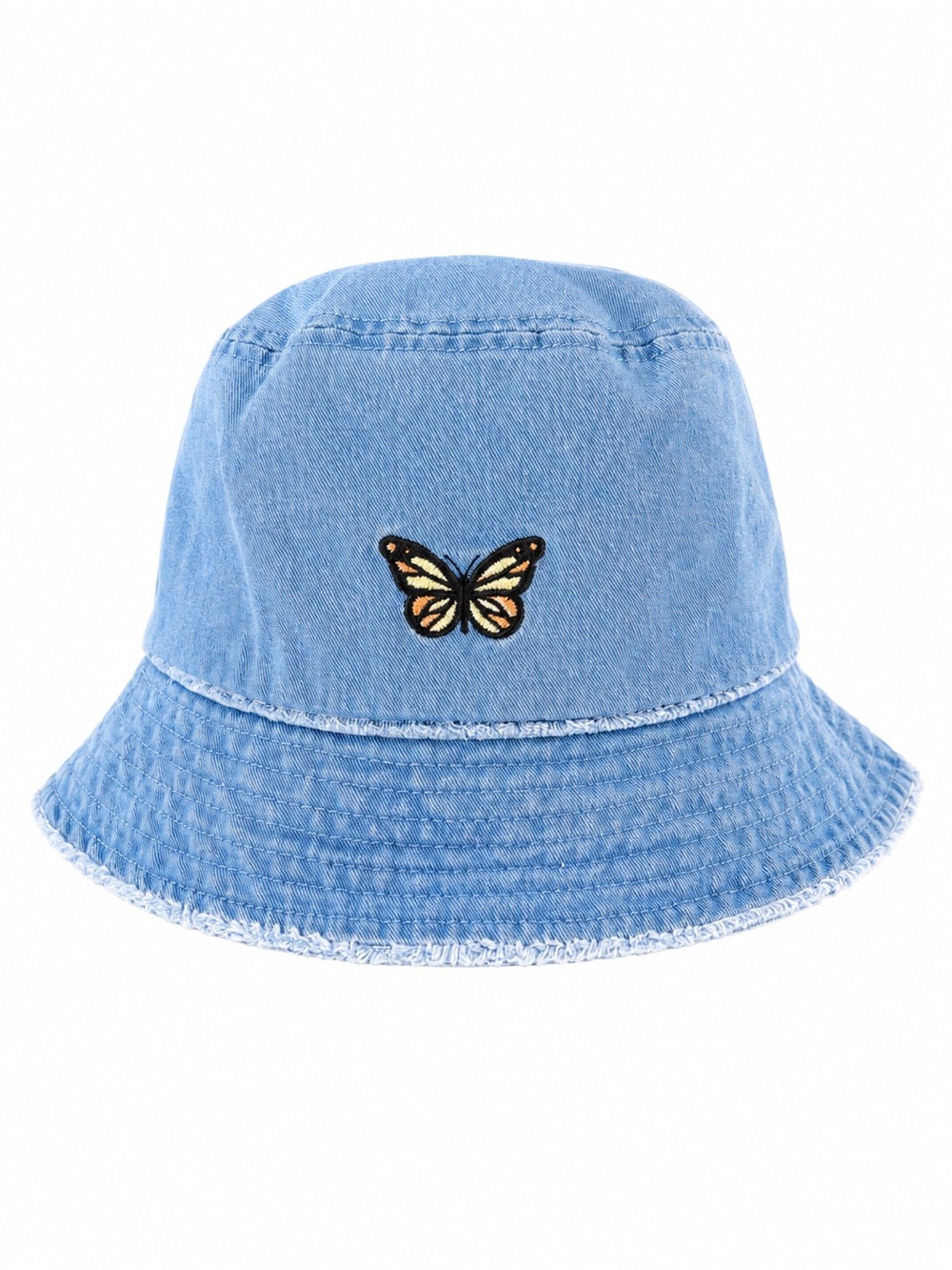 David and Young Y2K Light Blue Denim Fringe Bucket Hat with Butterfly Patch